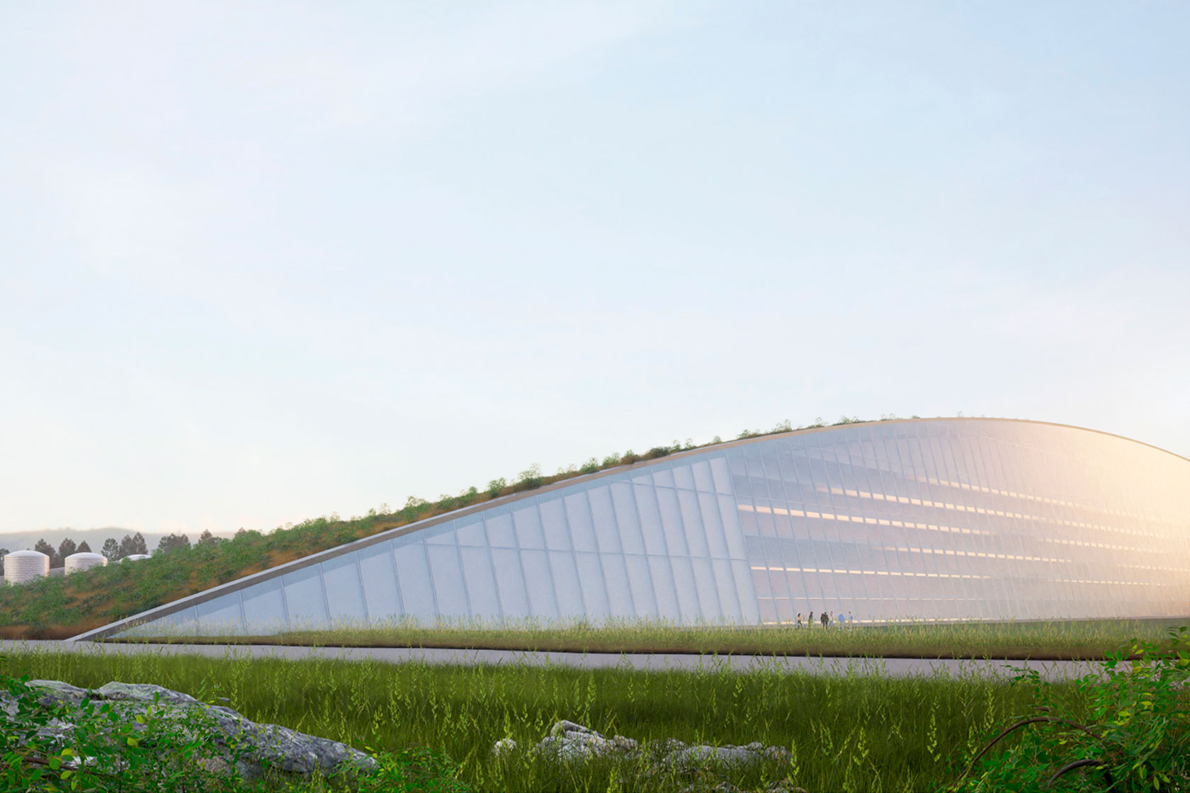 Ett förslag på design av SMR-byggnader. Den stora böjda byggnadsvolymen med långsträckt grönt tak framstår som en kulle i landskapet