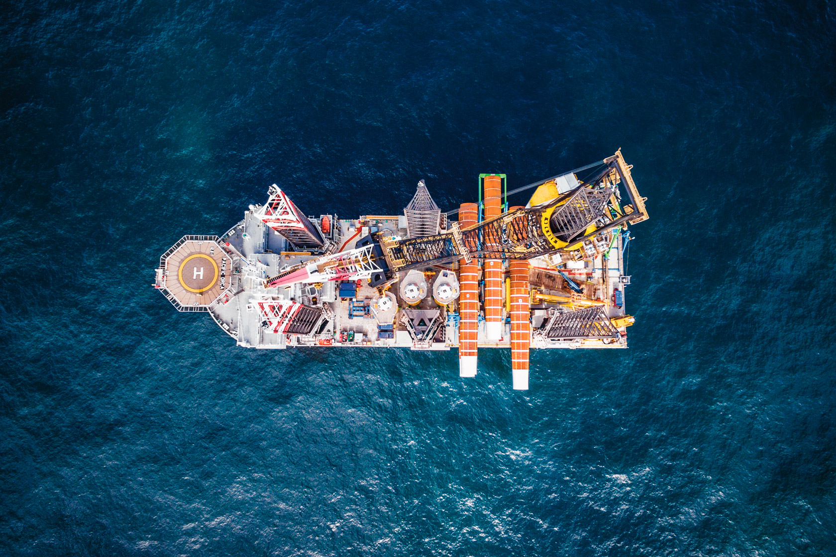 An installation vessel at Sandbank offshore wind farm viewed from above